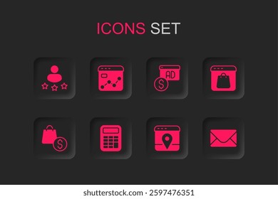 Set Calculator, Market analysis, Consumer product rating, Infographic of city map, Online shopping screen, Mail and e-mail, Advertising and bag dollar icon. Vector