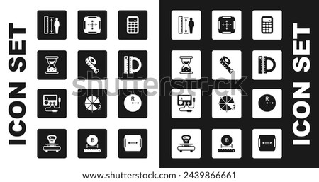 Set Calculator, Measuring tape, Old hourglass with sand, height body, Protractor ruler, Area measurement, Radius and Multimeter, voltmeter icon. Vector