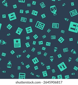 Set Calculator, Medicine bottle and pills, Patient record and Graph chart infographic on seamless pattern. Vector
