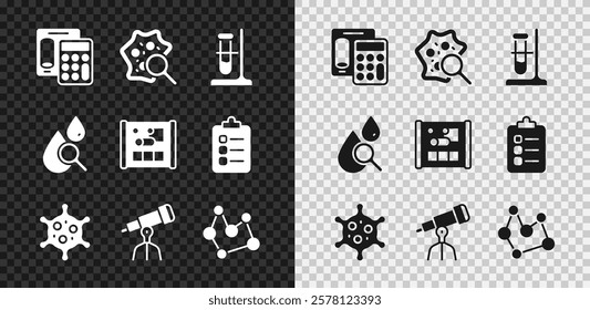 Set Calculator, Microorganisms under magnifier, Test tube flask on stand, Virus, Telescope, Chemical formula, Drop magnifying glass and Graphing paper engineering icon. Vector