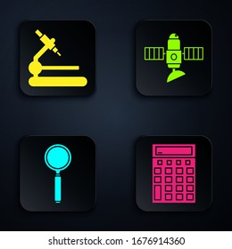 Set Calculator, Mikroskop, Vergrößerungsglas und Satellit. Schwarze Quadrat-Taste. Vektorillustration