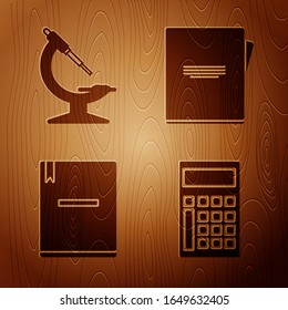 Set Calculator, Microscope, Notebook and Notebook on wooden background. Vector