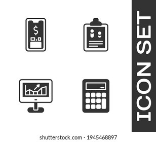 Set Calculator, Mobile with dollar, Computer growth graph and Business finance report icon. Vector