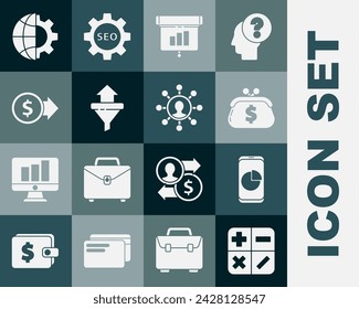 Set Calculator, Mobile phone with graph chart, Wallet dollar, Graph, diagram, infographic, Sales funnel arrows, Coin money, Globe of the Earth and gear and Business network communication icon. Vector