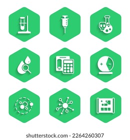 Set Calculator, Molecule, Graphing paper for engineering, Atom, Drop and magnifying glass, Test tube with toxic liquid and flask on stand icon. Vector