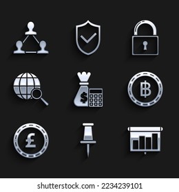 Set Calculator mit Geldbeutel, Diagramm, Diagramm, Infografik, Kuchendiagramm, Kryptowährungsmünzen Bitcoin, Münzpfund Sterling Symbol, Glashütte, Sperren und Projekt Team-Basissymbol. Vektorgrafik
