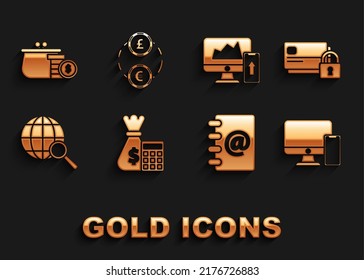 Set Calculator with money bag, Computer monitor and mobile phone, Address book, Magnifying glass globe, Financial chart graph the computer, Wallet coins and Money exchange icon. Vector