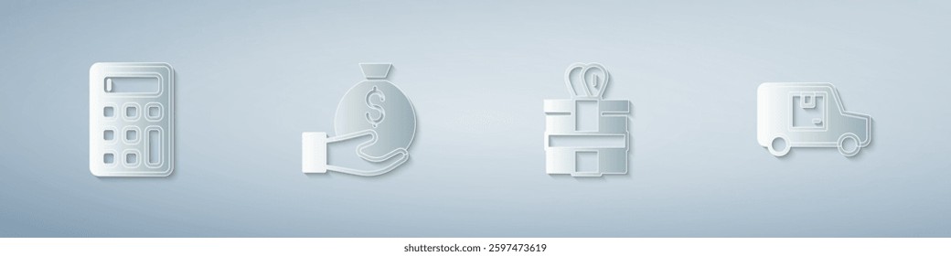 Set Calculator, Money bag, Gift box and Delivery cargo truck. Paper art style. Vector