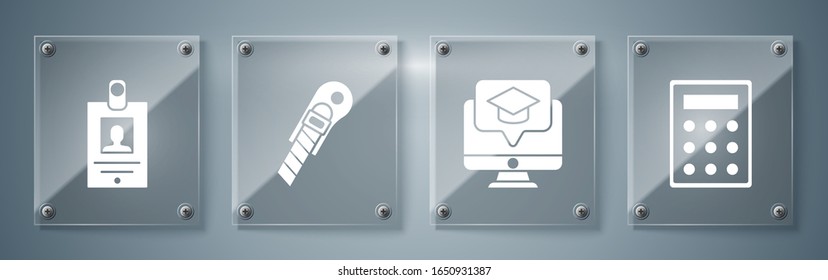 Set Calculator, Monitor with graduation cap, Stationery knife and Identification badge. Square glass panels. Vector