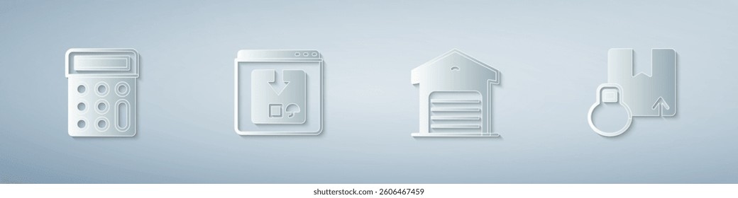 Set Calculator, Online app delivery tracking, Warehouse and Carton cardboard box. Paper art style. Vector
