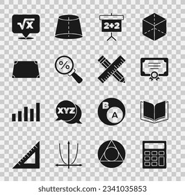 Set Calculator, Open book, Certificate template, Chalkboard, Magnifying glass with percent, Acute trapezoid shape, Square root of x glyph and Crossed ruler and pencil icon. Vector