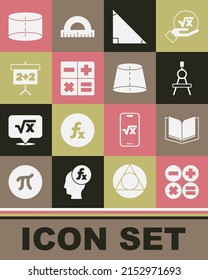 Set Calculator, Open book, Drawing compass, Triangle math, Chalkboard, Geometric figure Cylinder and  icon. Vector