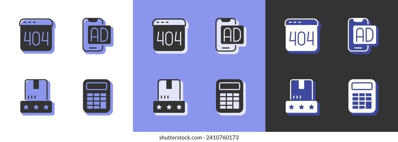 Set Calculator, Seite mit 404-Fehler, Consumer Product Rating und Advertising-Symbol. Vektorgrafik