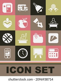Set Calculator, Paper airplane, Schoolboy sitting desk, Ringing bell, Apple, Man reading book, classroom and Fountain pen nib icon. Vector