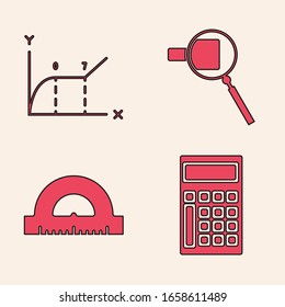 Ajuste la calculadora, la infografía del gráfico circular, la rejilla de cristal de aumento y el icono del tractor para medir los grados. Vector