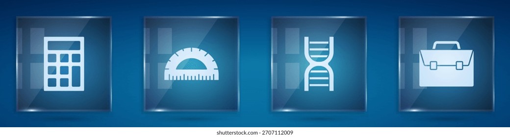 Defina Calculadora, Protrator, símbolo de DNA e Porta-arquivos. Painéis de vidro quadrados. Vetor