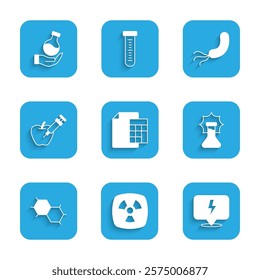 Set Calculator, Radioactive, Lightning bolt, Explosion the flask, Chemical formula, Genetically modified apple, Bacteria and Test tube icon. Vector