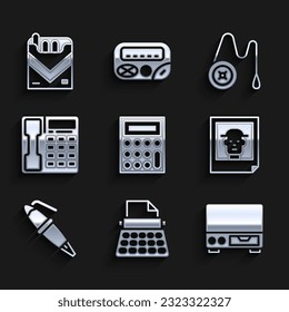 Set Calculator, Retro typewriter, Old video cassette player, Photo, Fountain pen nib, Telephone handset, Yoyo toy and Cigarettes pack box icon. Vector