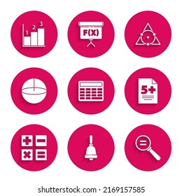 Set Calculator, Ringing bell, Calculation, Test exam sheet, Geometric figure Sphere, Triangle math and Graph, schedule, chart, diagram icon. Vector