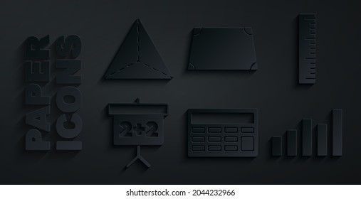 Set Calculator, Ruler, Chalkboard, Graph, schedule, chart, diagram, Acute trapezoid shape and Geometric figure Tetrahedron icon. Vector