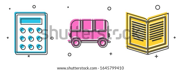 Set\
Calculator, School Bus and Open book icon.\
Vector