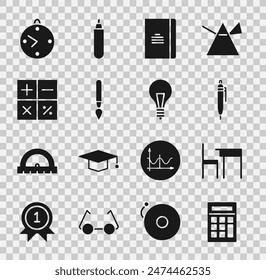 Set Calculadora, mesa y silla de la escuela, pluma, cuaderno de espiral, pincel de pintura, reloj y bombilla con concepto de icono de idea. Vector