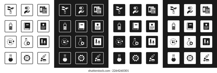 Set Calculator, Science Book, Battery, Pflanzenzüchtung, Patientenakte, Atom, Grafik und Icon. Vektorgrafik
