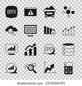 Set Calculator, Server, Pie chart infographic, Coal mine trolley, Binary code, Search cloud computing, Data analysis and Financial growth decrease icon. Vector