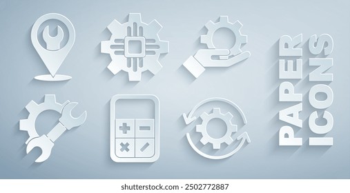 Establecer la calculadora, Configuraciones en la mano, engranaje de llave inglesa, flechas de engranaje como flujo de trabajo, procesador y Locación con el ícono de la llave inglesa. Vector