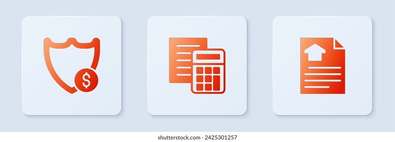 Establecer calculadora, escudo con dólar y contrato de la casa. Botón cuadrado blanco. Vector