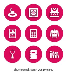Set Calculator, Spiral notebook, Book, Sweater, Magnifying glass, Card game, Waistcoat and Man hat icon. Vector