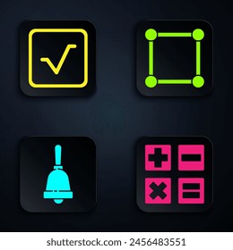 Set Calculator, Square root, Ringing bell and Geometric figure Square. Black square button. Vector