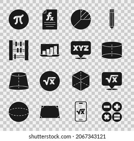 Set Calculator, Square root of x glyph, Geometric figure Cylinder, Pie chart infographic, Laptop with, Abacus, symbol and XYZ Coordinate system icon. Vector - Powered by Shutterstock - Get 15% off with code: PIKWIZARD15