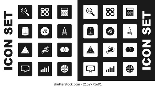 Set Calculator, Square root of x glyph, Geometric figure, Magnifying glass with percent, Drawing compass, Mathematics sets A and B and Tetrahedron icon. Vector