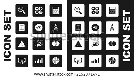 Set Calculator, Square root of x glyph, Geometric figure, Magnifying glass with percent, Drawing compass, Mathematics sets A and B and Tetrahedron icon. Vector