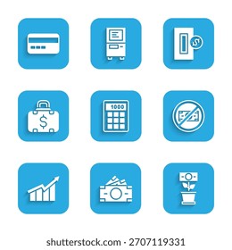 Set Calculator, Stapel Papiergeld bar, Geld Anlage in den Topf, Nein, Finanzielle Wachstumssteigerung, Aktenkoffer und, Einfügen von Münzen und Kreditkarte Symbol. Vektorgrafik