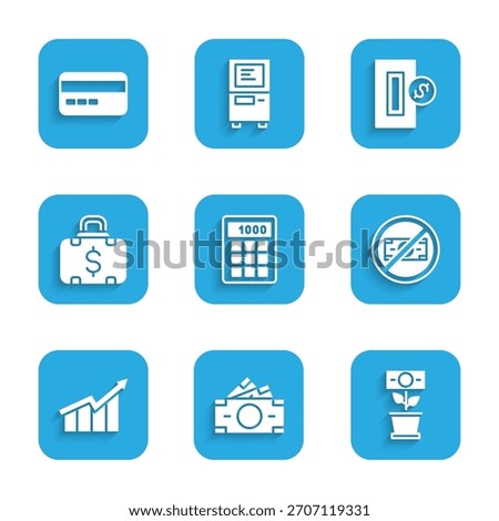 Set Calculator, Stacks paper money cash, Money plant in the pot, No, Financial growth increase, Briefcase and, Inserting coin and Credit card icon. Vector