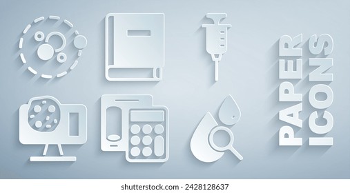 Set Calculator, Syringe, Genetic engineering, Drop and magnifying glass, Science book and Atom icon. Vector