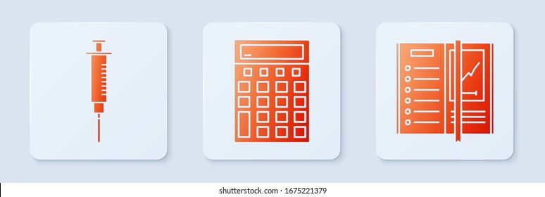 Set Calculator, Syringe and Notebook. White square button. Vector