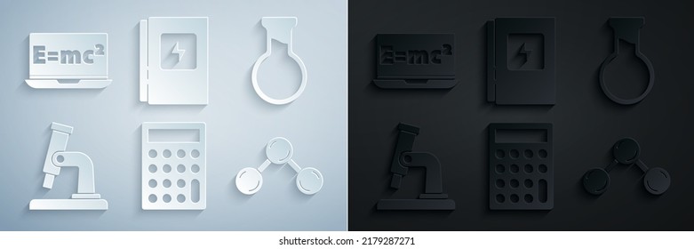 Set Calculator, Test tube and flask, Microscope, Molecule, Electrical panel and Equation solution icon. Vector
