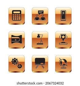 Set Calculator, Timing belt kit, Chalkboard, Table lamp, Pencil sharpener, Locker changing room, Earth globe and Two sitting men talking icon. Vector