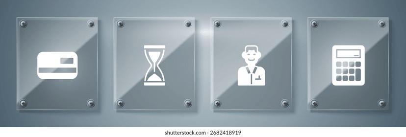 Definir Calculadora, Comerciante, Ampulheta Antiga e Cartão de crédito. Painéis de vidro quadrados. Vetor