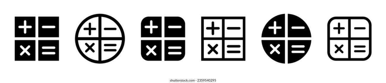 Set of calculator vector icons. Calculate signs. Plus, minus, multiply and equal symbols. Mathematical signs.
