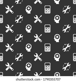 Set Calculator, Wrench and arrows as workflow, Screwdriver and wrench spanner and Human head with gear inside on seamless pattern. Vector