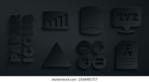 Set Calculator, XYZ Coordinate system, Geometric figure Tetrahedron, Function mathematical symbol,  and Laptop with graph chart icon. Vector