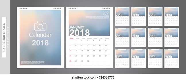 Set Calendar 2018 template design with Place for Photo and Company Logo. Week Starts on Sunday. Set of 12 Months