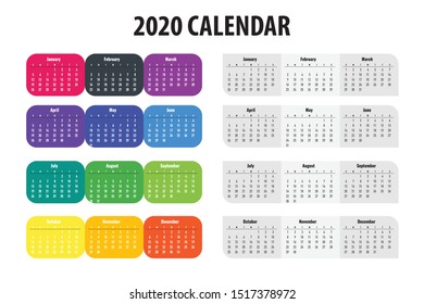Set of Calendar 2020. Colorful vector set.  calender collection. Week starts on Sunday. Calendar template