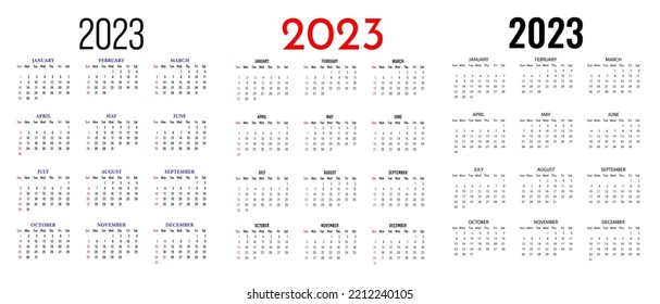 Conjunto de calendario 2023 año. La semana comienza el domingo. Plantilla de calendario anual 2023.
