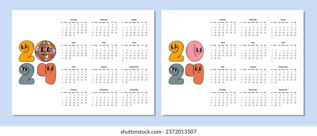 Conjunto de Calendario 2024, semana de inicio domingo. Plantilla de planificador corporativo en estilo retro. Diseño horizontal. Ilustración vectorial.