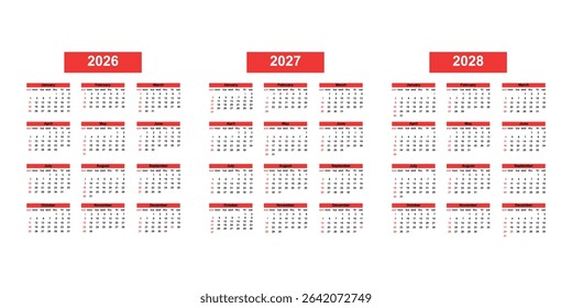 Set. Calendar for 2026, calendar for 2027, calendar for 2028. The calendar week starts on Sunday. Vector corporate design template.